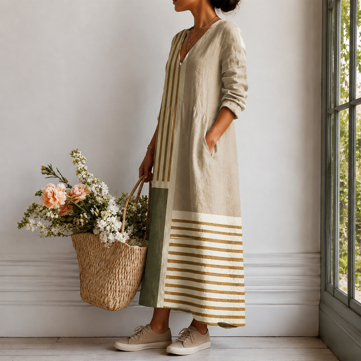 Maxikleid mit langen Ärmeln, gestreiftem Paneel und Color-Blocking in Beige und Oliv