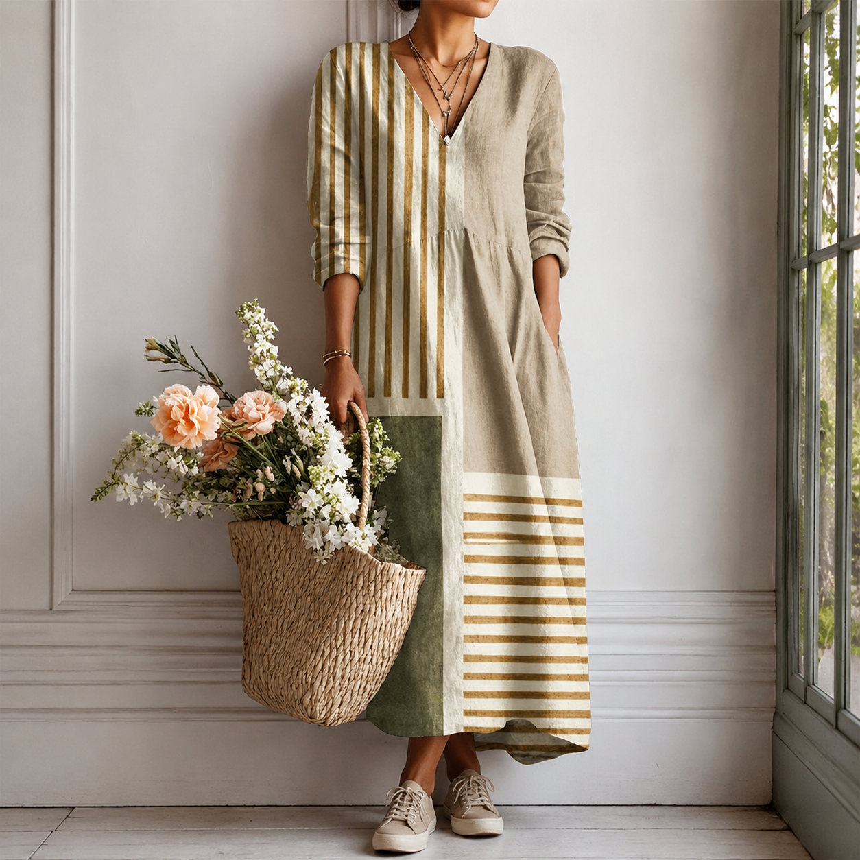 Maxikleid mit V-Ausschnitt, gestreiften Einsätzen und Color-Blocking in Beige und Oliv