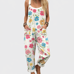 Bedruckter Jumpsuit mit buntem Blumenmuster, ärmellos, weitem Bein, weiß
