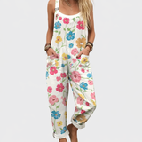 Bedruckter Jumpsuit mit buntem Blumenmuster, ärmellos, weitem Bein, weiß