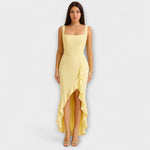 Rüschensatin-Korsettkleid mit schmalen Trägern, gelber A-Linie mit Rüschen am Saum