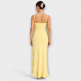Rüschensatin-Korsettkleid gelb, Rückansicht; schmale Träger, langer Saum mit Rüschen