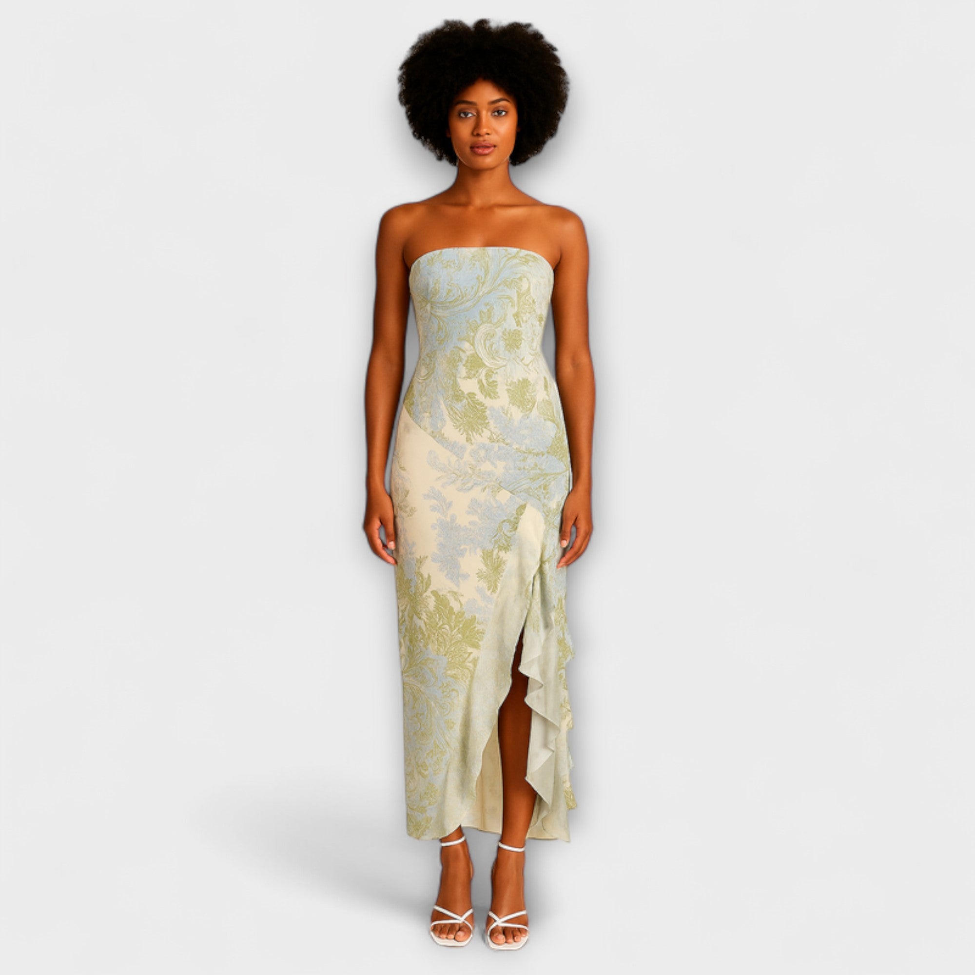 Ärmelloses Bandeau-Kleid mit Pastell-Floralmuster in Grün und Blau, asymmetrischer Saum