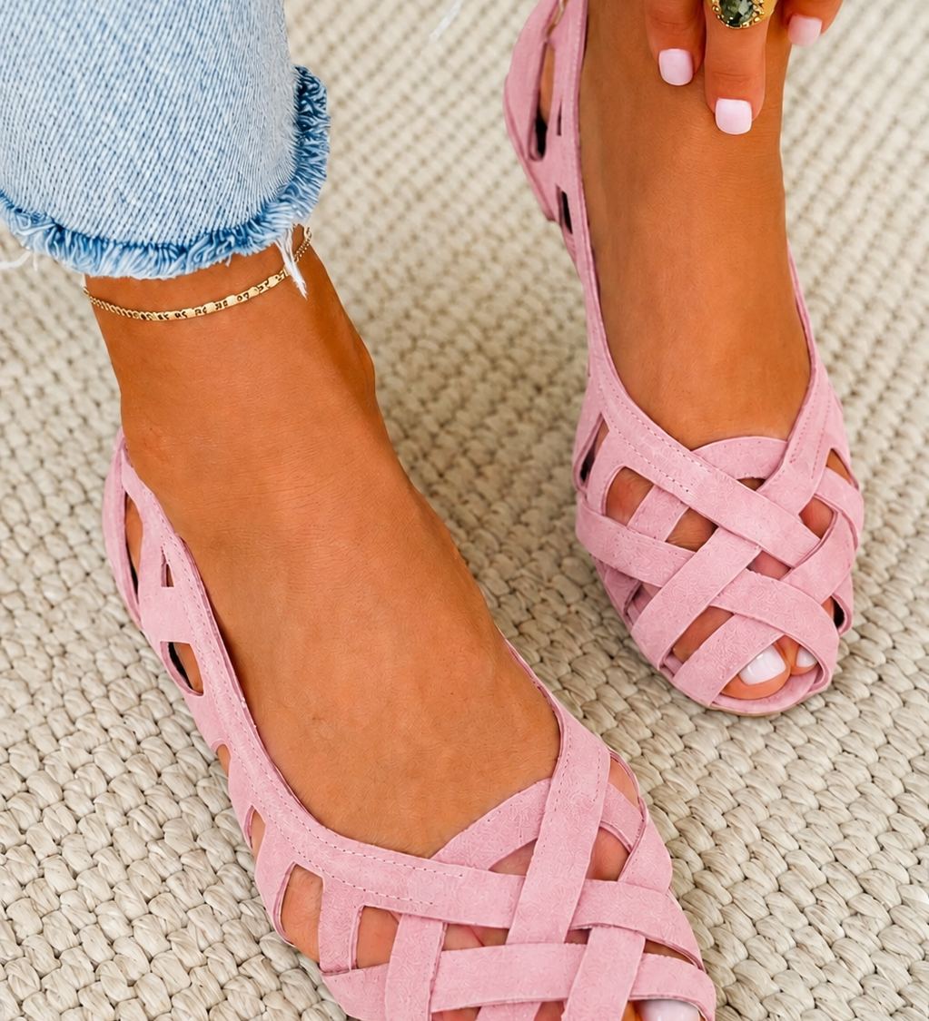 Emma geflochtene Sandalen, rosafarbene Riemchen mit offenen Zehen
