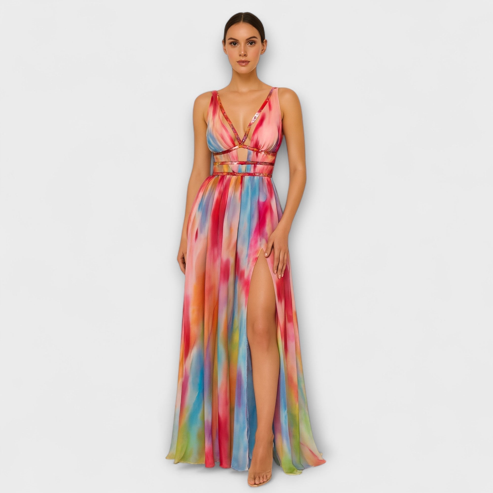 Bunt gemaltes Maxikleid mit Trägern, V-Ausschnitt und seitlichem Beinschlitz.