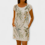 Willow Breeze-Kleid cremefarben mit grünem Blattprint und kurzen Ärmeln, knielang