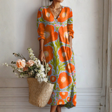 Maxikleid, langärmlig, großer Blütenprint, V-Ausschnitt, mehrfarbig