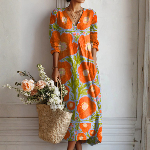 Maxikleid, langärmlig, großer Blütenprint, V-Ausschnitt, mehrfarbig