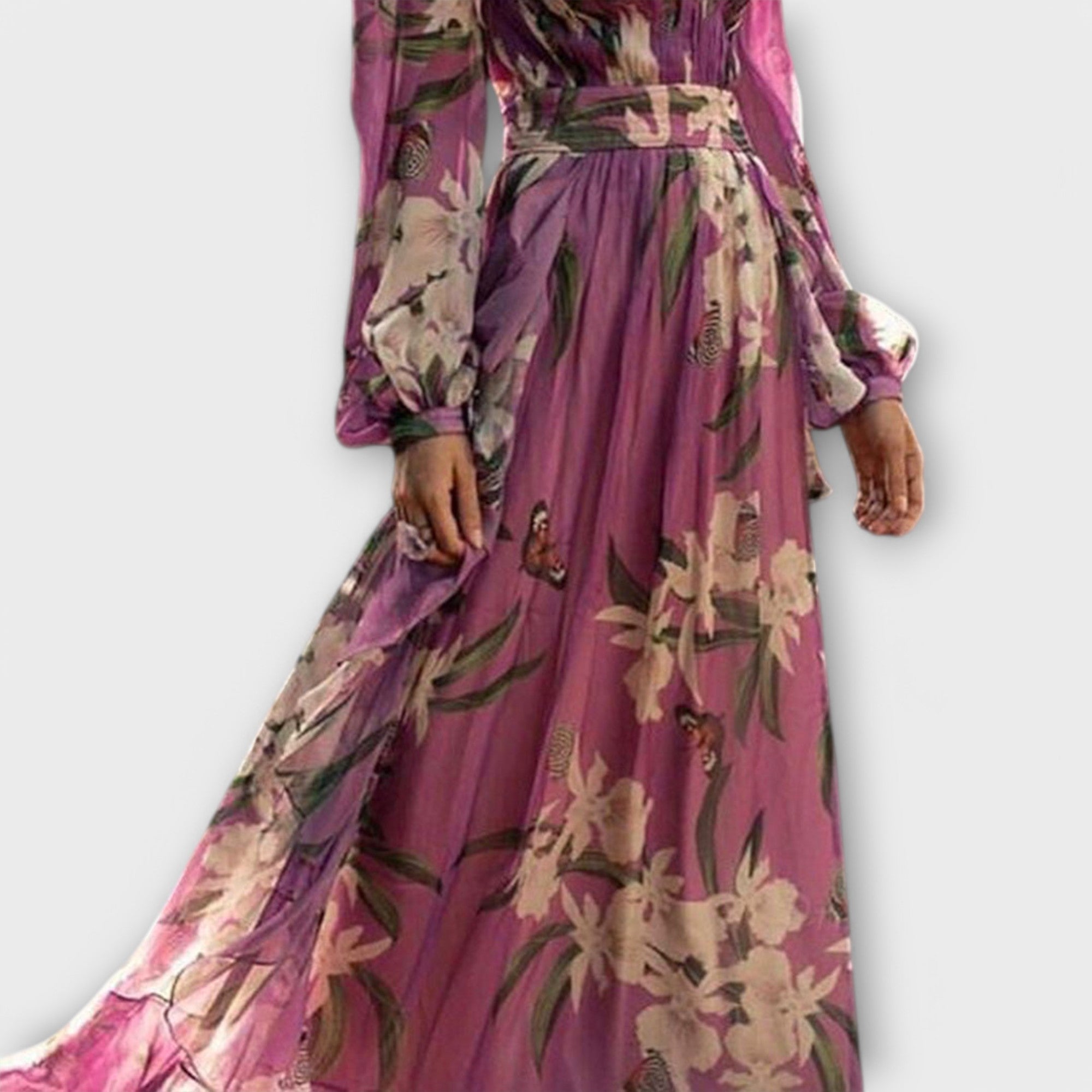 Langes Maxikleid mit Taillenbund, gerafftem Oberteil und floralem Rockmuster