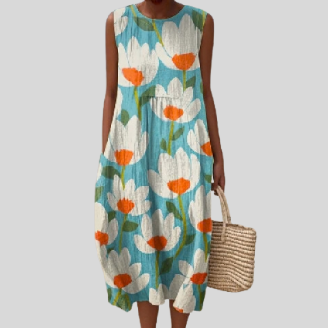 Ärmelloses Midikleid mit buntem Blumenmuster in Blau, Grün, Orange und Weiß
