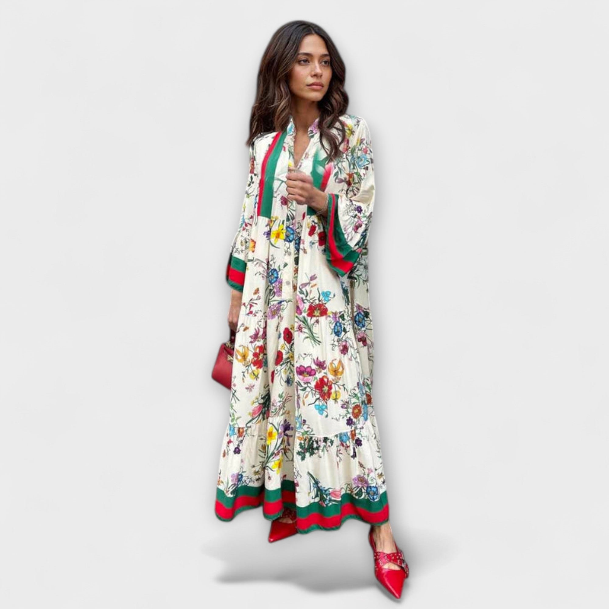 Maxikleid mit floralen Print, V-Ausschnitt, Ärmel- und Saumstreifen in Grün/Rot
