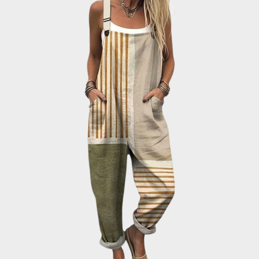 Latzhose mit Trägern, beige mit vertikalen Streifen und grünen Color-Blocking-Partien