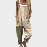 Latzhose mit Trägern, beige mit vertikalen Streifen und grünen Color-Blocking-Partien