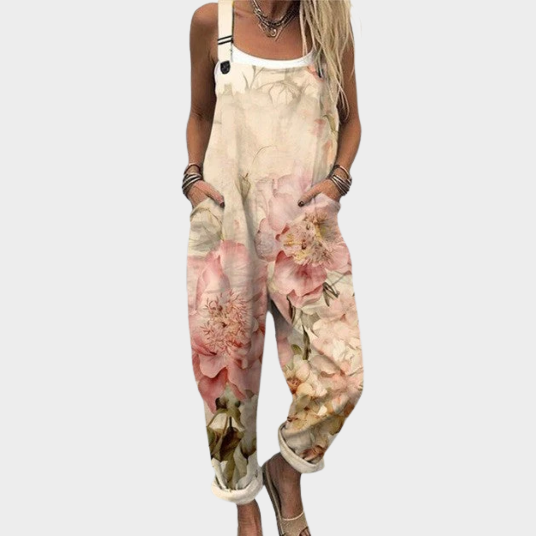 Beige Latzhose mit Aquarell-Rosen, weite Beinform, Taschen