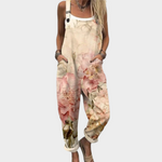 Beige Latzhose mit Aquarell-Rosen, weite Beinform, Taschen