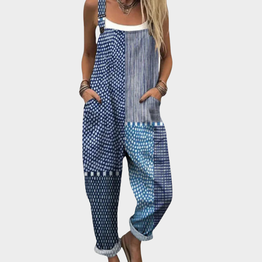 Ärmelloser bedruckter Jumpsuit in Blau mit weitem Bein und bequemer Passform