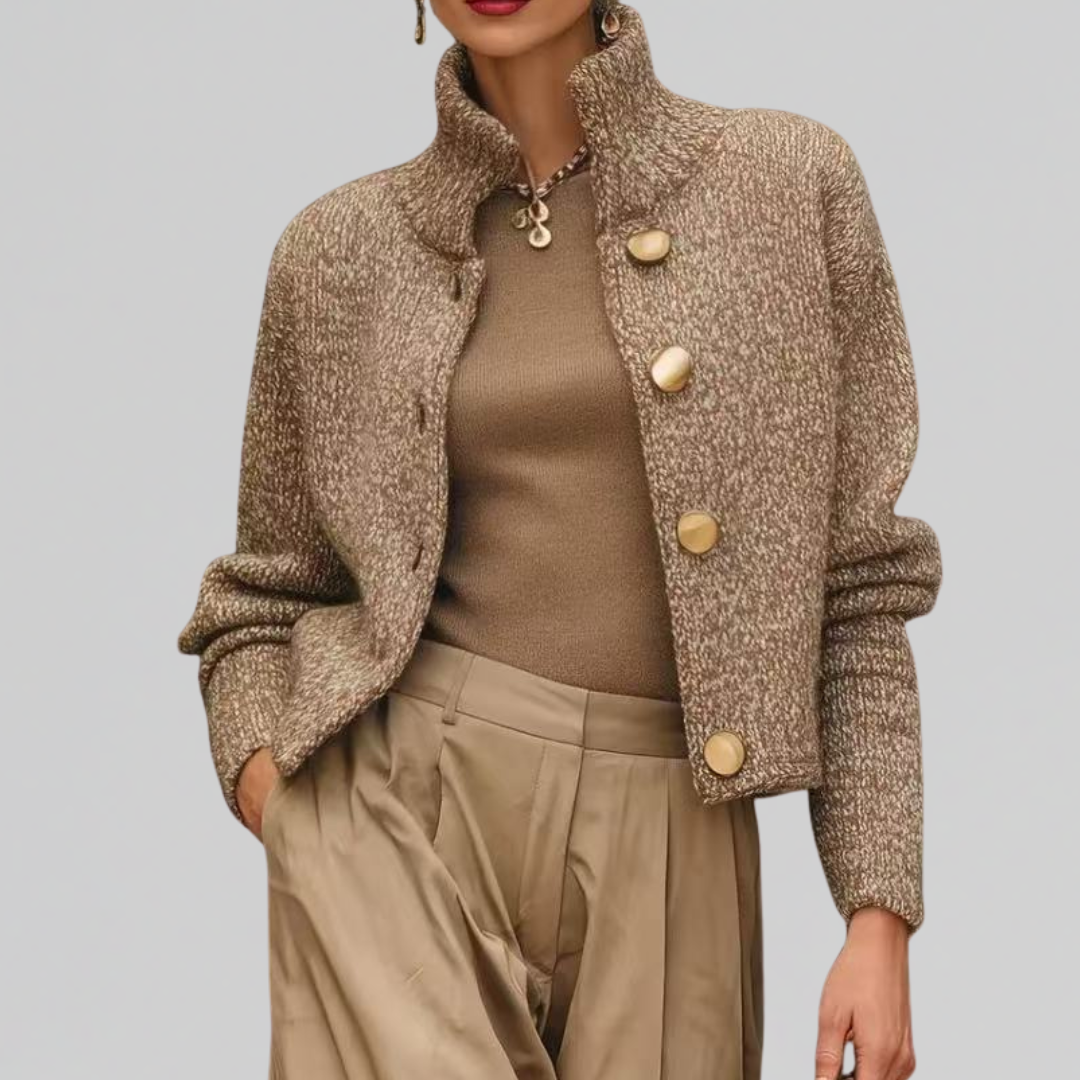 Wollmischjacke in Gold-Beige mit Stehkragen und Knopfleiste, lange Ärmel