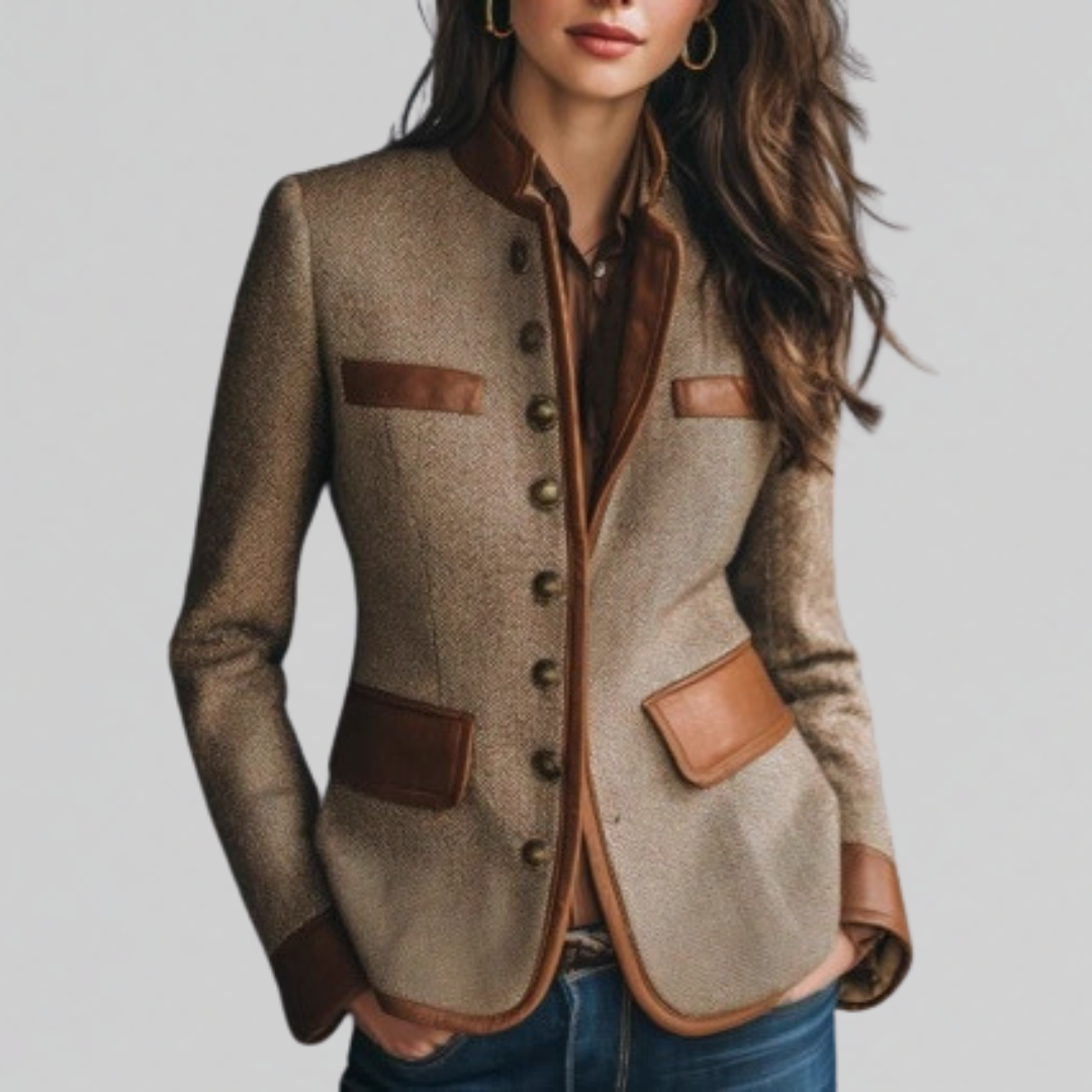 Braune Tweedjacke mit Lederbesatz, Knopfleiste und Brusttaschen