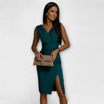 V-Ausschnitt Split-Kleid, ärmellos, dunkelgrün, tailliert mit seitlichem Schlitz