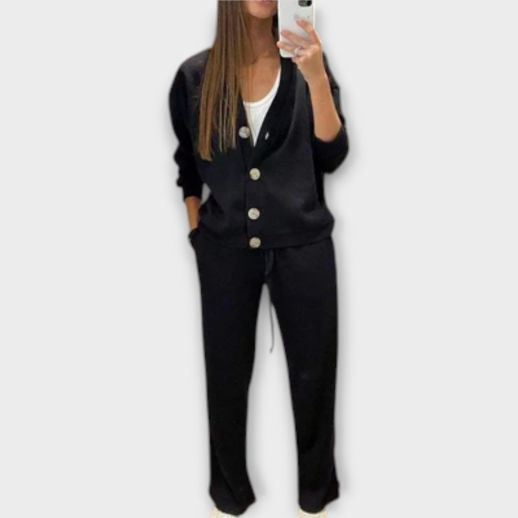 Schwarzes Cardigan-Set: Knopfleiste, Kordelzug-Hose