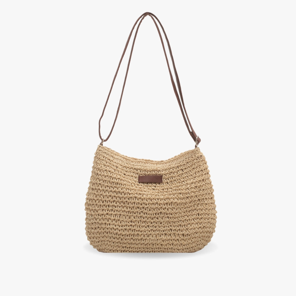 Bérengère Schultertasche für Damen, beige gewebte Hobo-Bag mit braunen Trägern und Logo