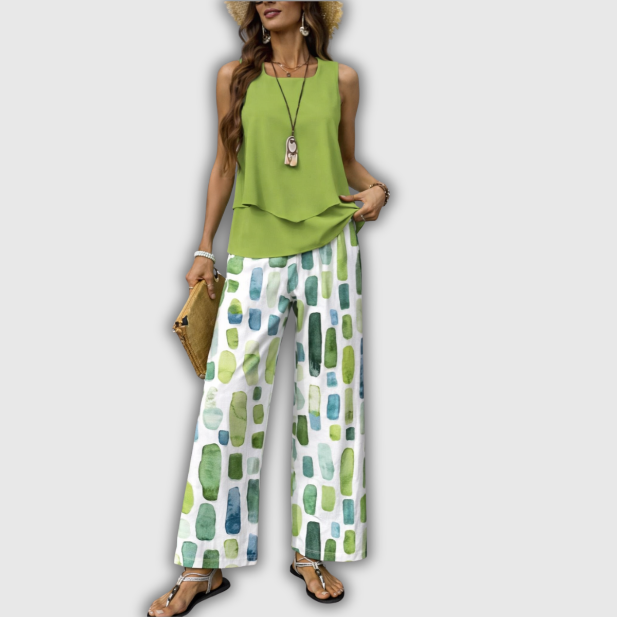 Zweiteiliges Sommeroutfit: grünes ärmelloses Top und weite Hose mit Muster.