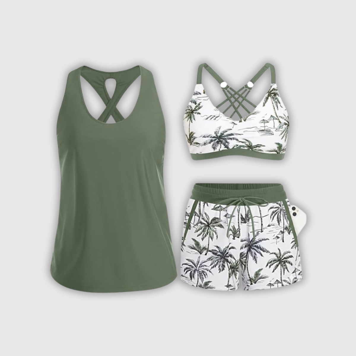 Tankini-Set mit olivgrünem Trägertop und weißen Palmprint-Shorts mit Kordelzug