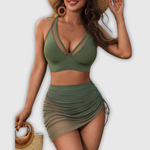 Olivgrünes figurformendes Bikini-Set mit V-Ausschnitt-Bustier und gerafftem Wickelrock