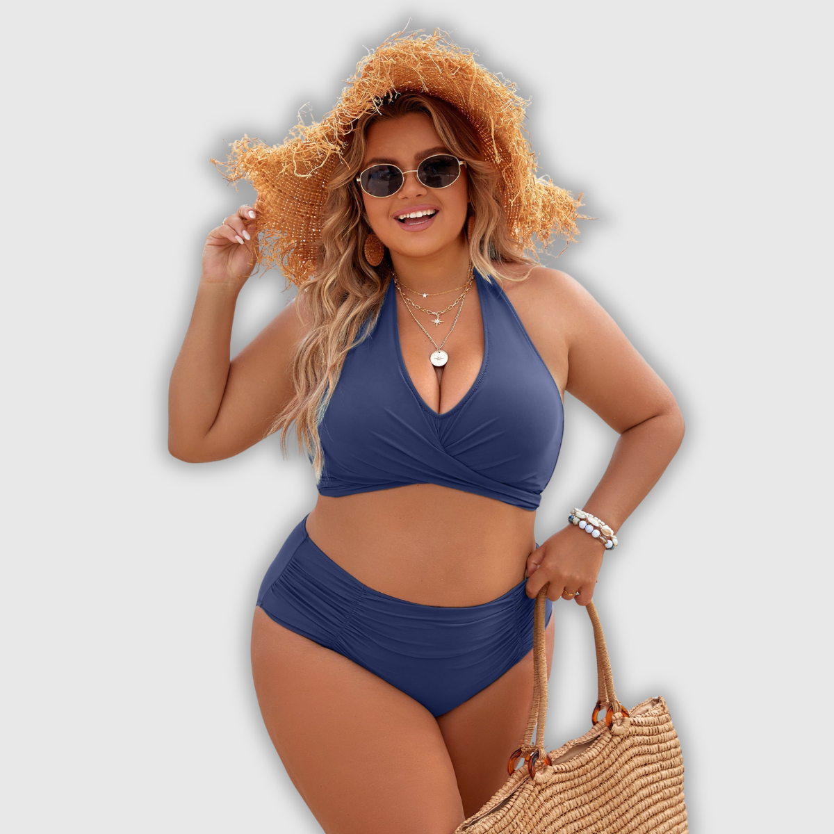 Figurformendes Bikini-Set in Rauchblau: Triangel-Bustier mit V-Ausschnitt, High-Waist-Slip