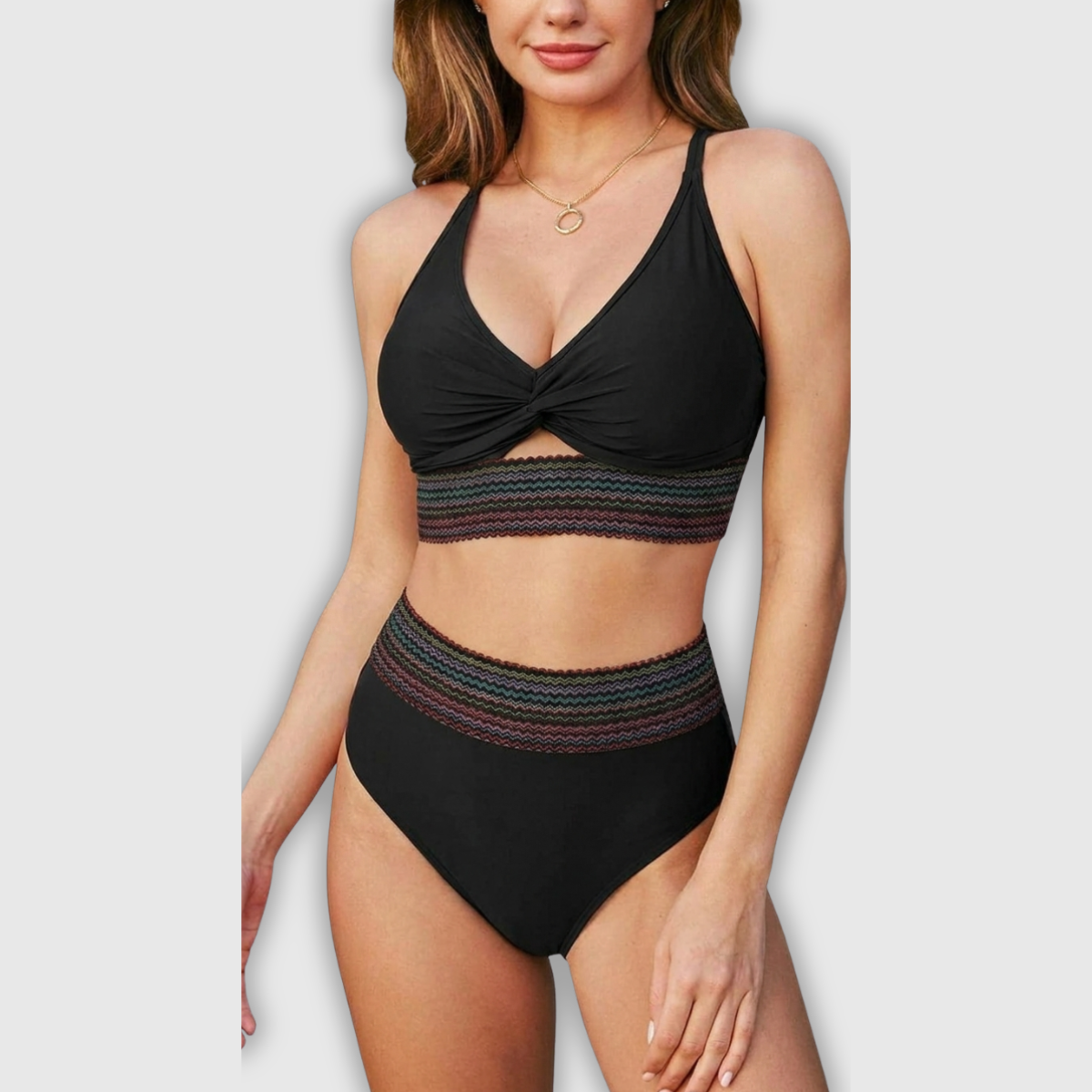 Schwarzer Bauch-Weg-Bikini mit geflochtenem Knoten-V-Ausschnitt und Zierstreifen-Bund