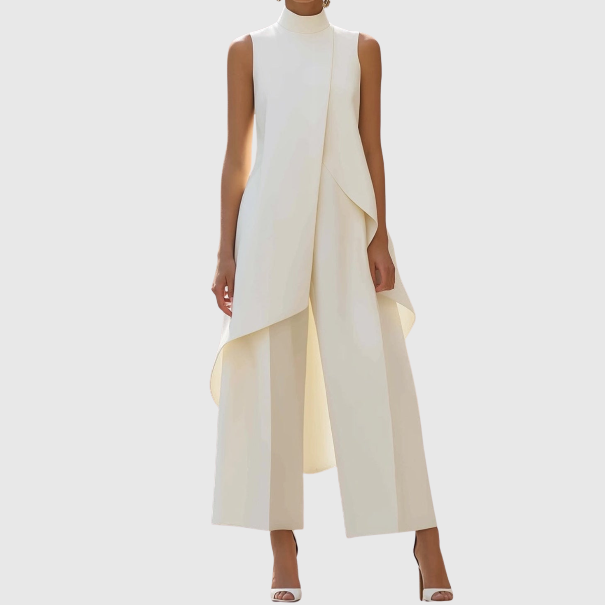 Elegantes langes Kleid in Weiß mit hohem Ausschnitt und asymmetrisch drapiertem Vorderteil