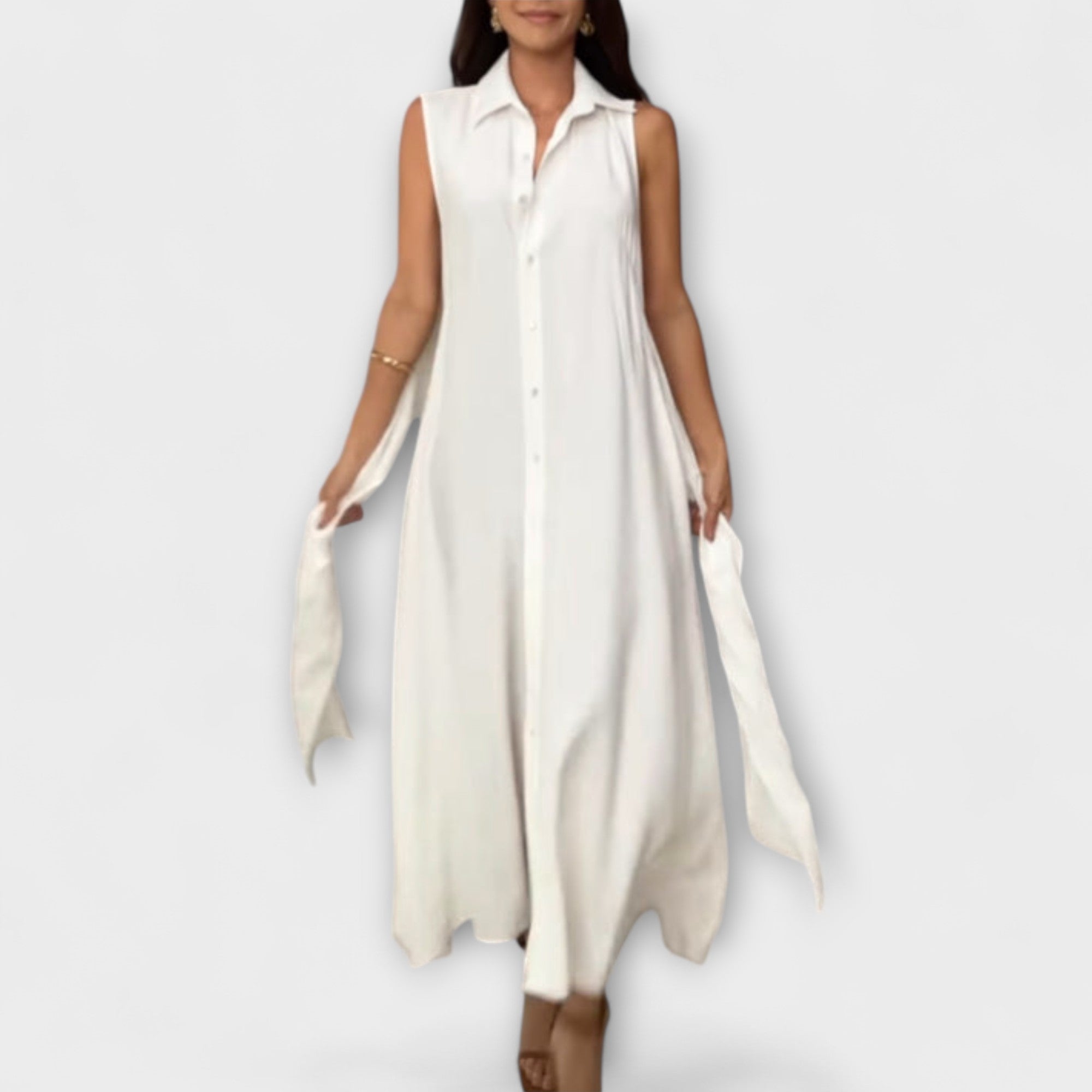 Einreihiges Midi-Kleid mit Bindegürtel, weiß, ärmellos, Knopfleiste