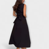 Rückansicht: Einreihiges Midi-Kleid mit Bindegürtel, dunkelblau, ärmellos