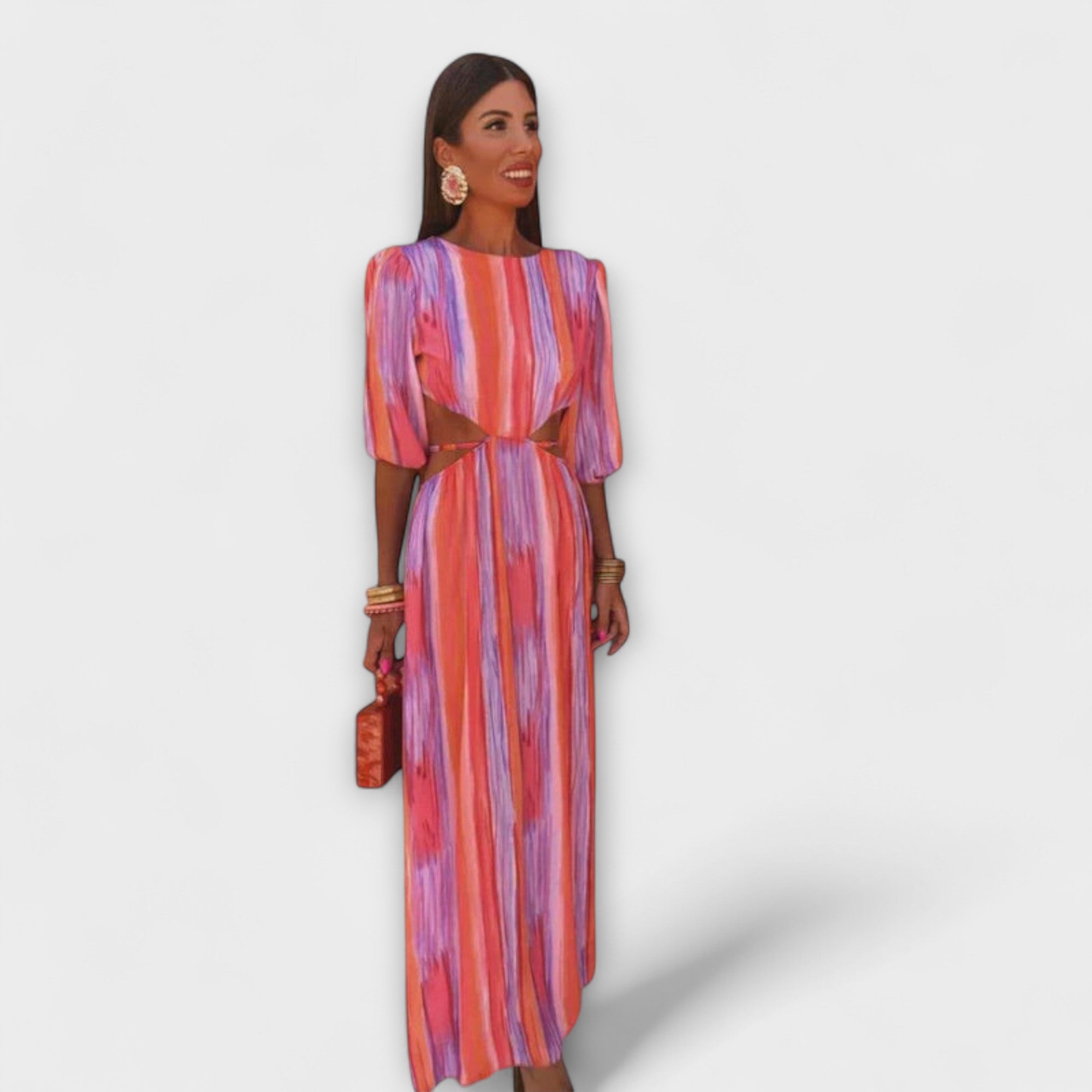 Paloma Maxikleid mit buntem Streifenmuster, Rundhalsausschnitt und kurzem Puffärmel