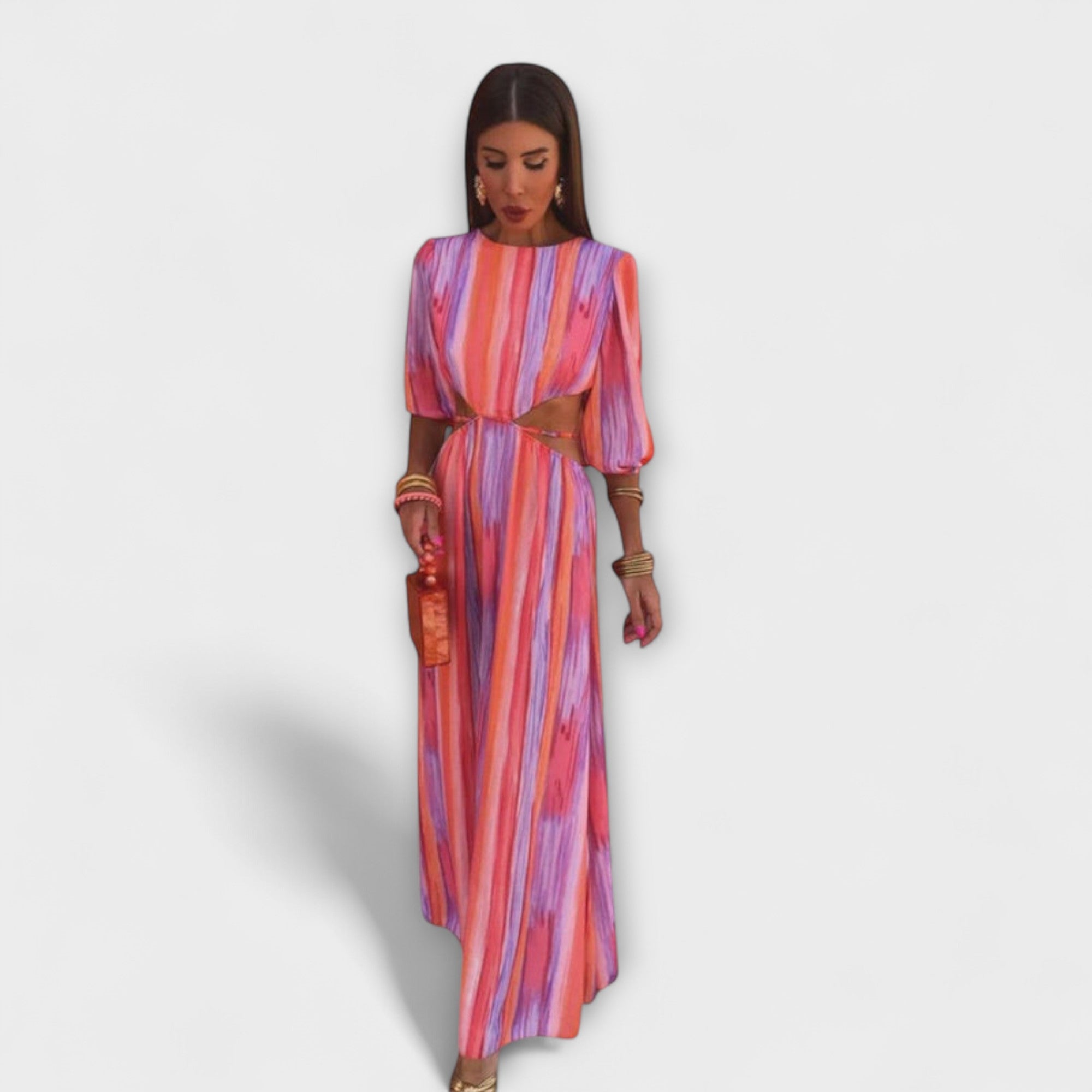Paloma Maxikleid im Streifenlook mit sichtbaren Rückenausschnitten und Bindebändern
