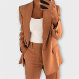 Damen-Anzugset mit Blazer und Hose, brauner Ton, mit Revers