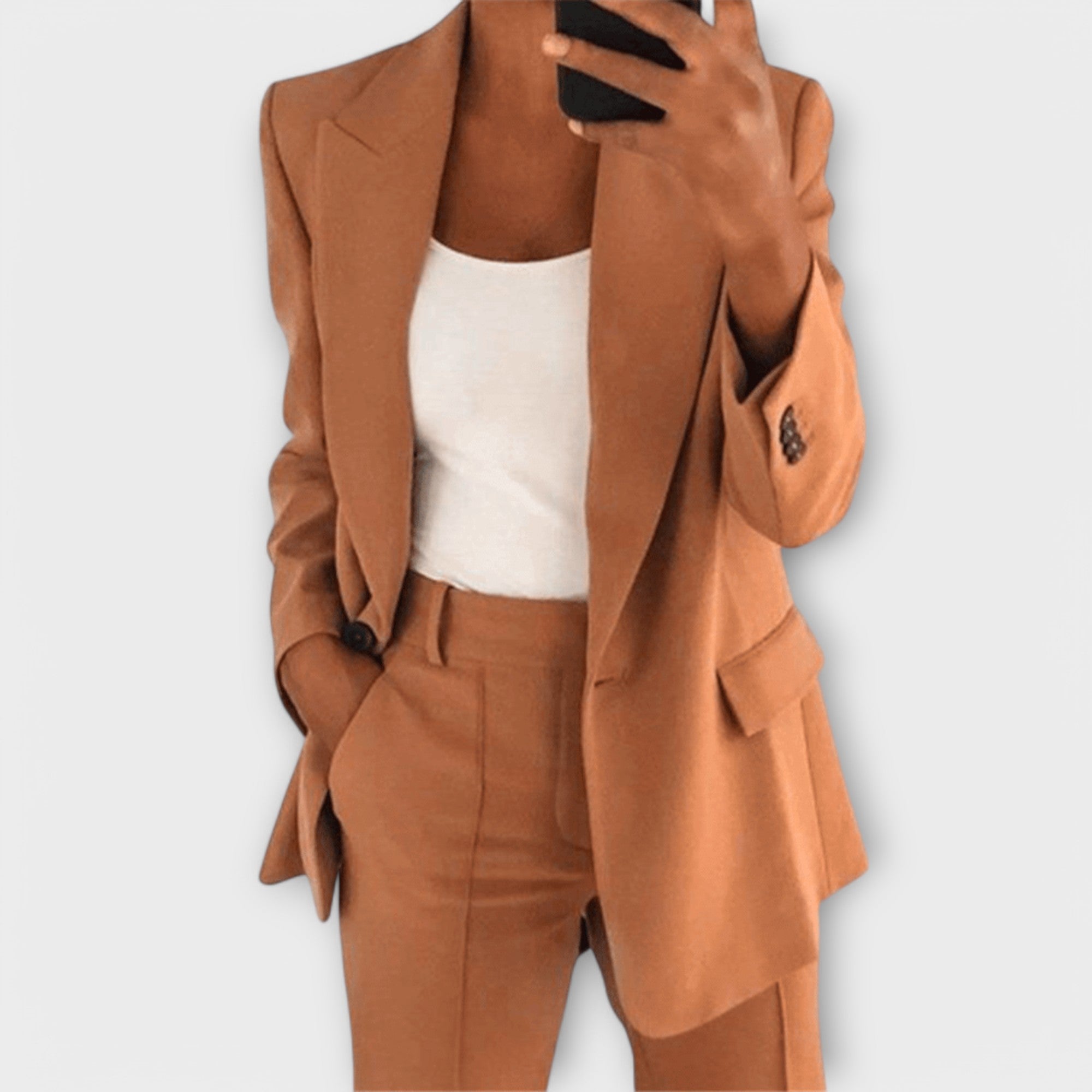 Damen-Anzugset mit Blazer und Hose, brauner Ton, mit Revers