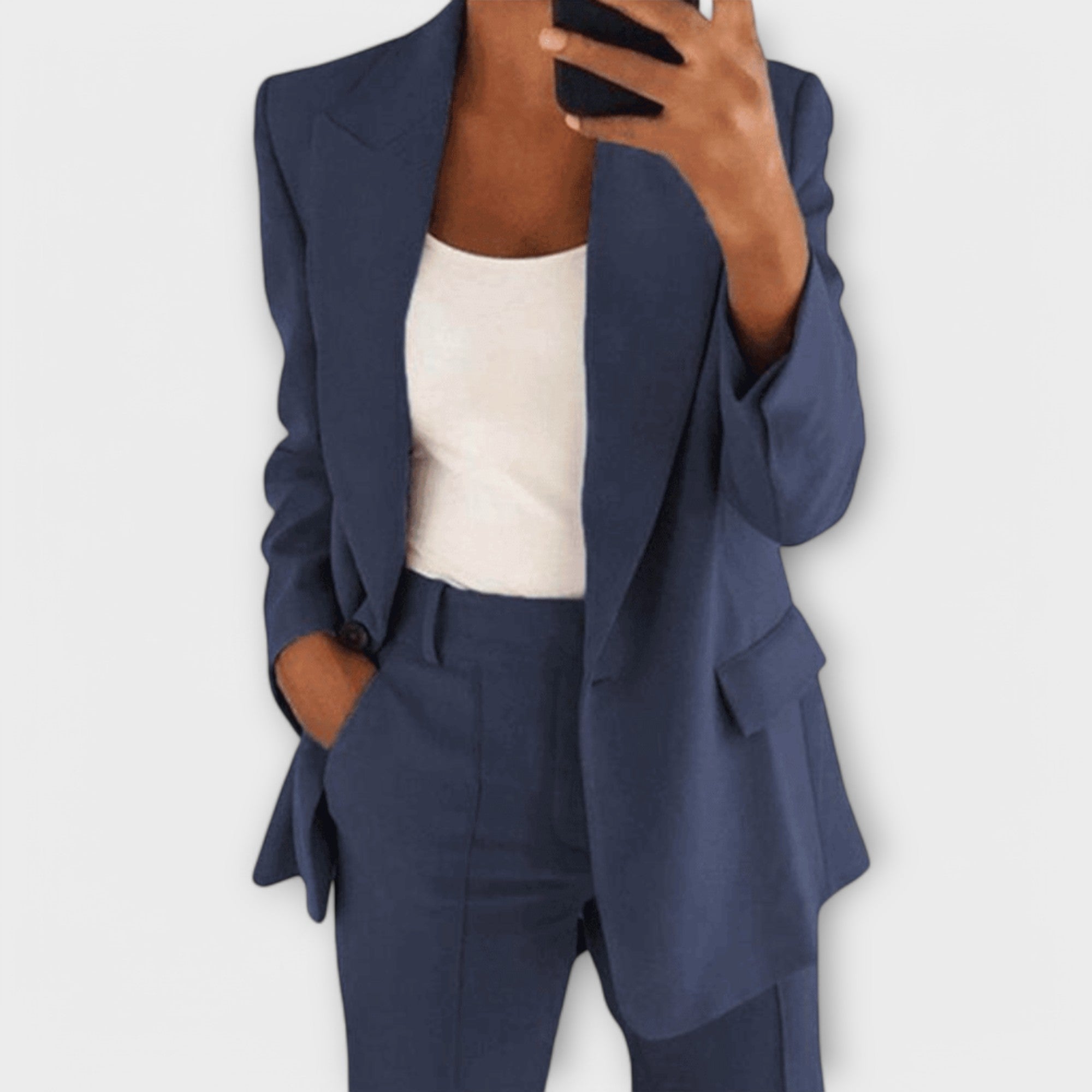 Damen-Anzugset mit Blazer und Hose, dunkelblau, mit Revers