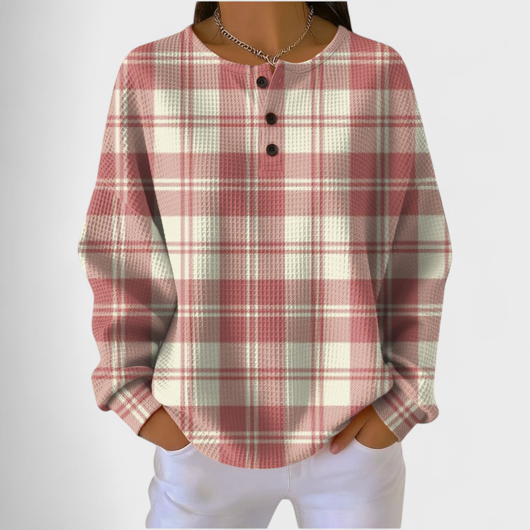 Karierter Henley-Pullover mit Knopfleiste, langen Ärmeln und geripptem Halsausschnitt