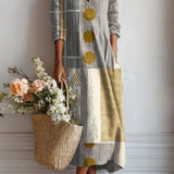 Langes Kleid mit V-Ausschnitt, Patchwork aus Streifen und Punkten, lange Ärmel