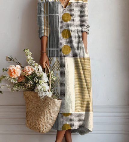 Langes Kleid mit V-Ausschnitt, Patchwork aus Streifen und Punkten, lange Ärmel