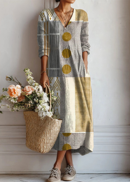 Langes Kleid mit V-Ausschnitt, Patchwork aus Streifen und Punkten, lange Ärmel