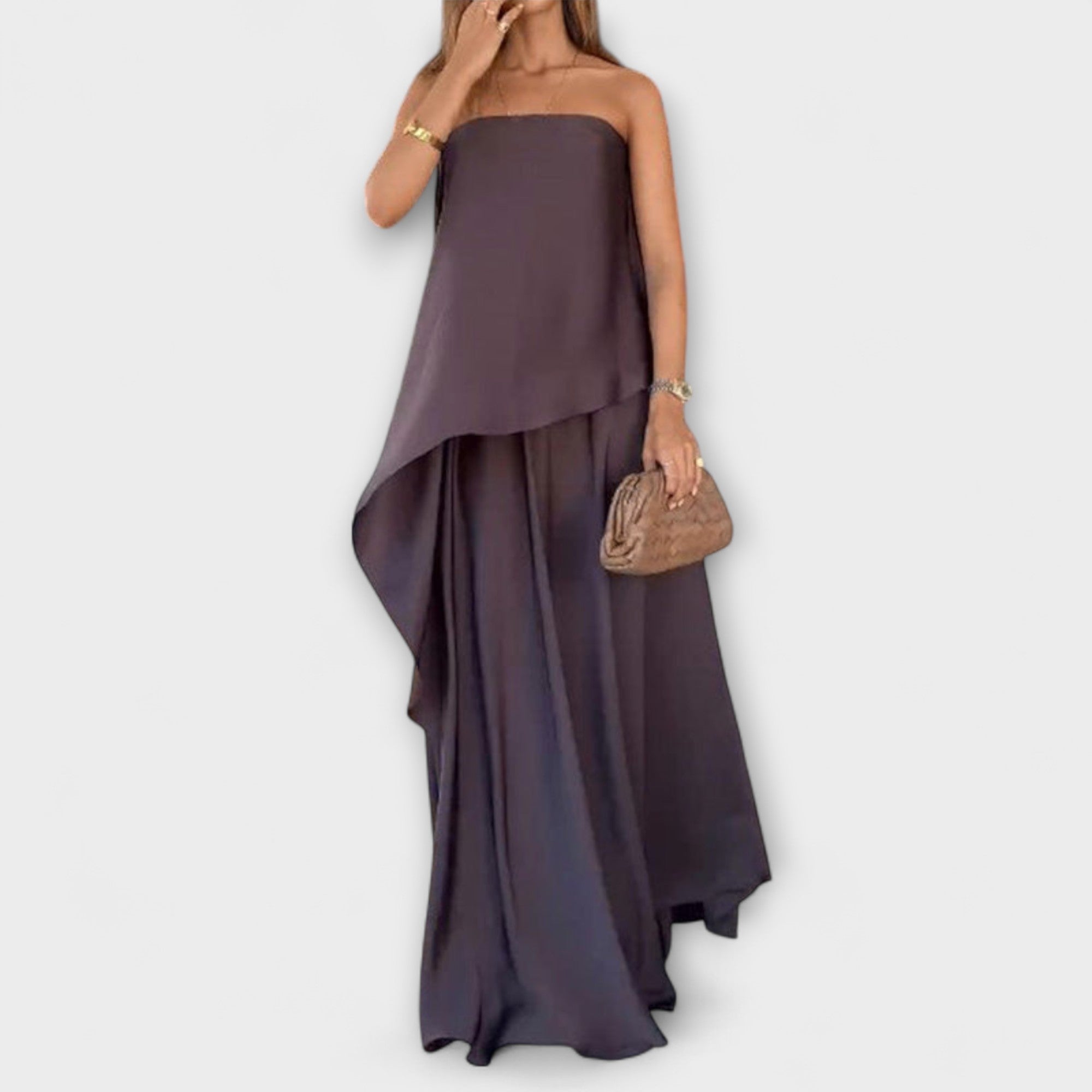 Zweiteiliges Bandeau-Top und Rock aus fließendem Stoff, ärmellos, dunkelviolett
