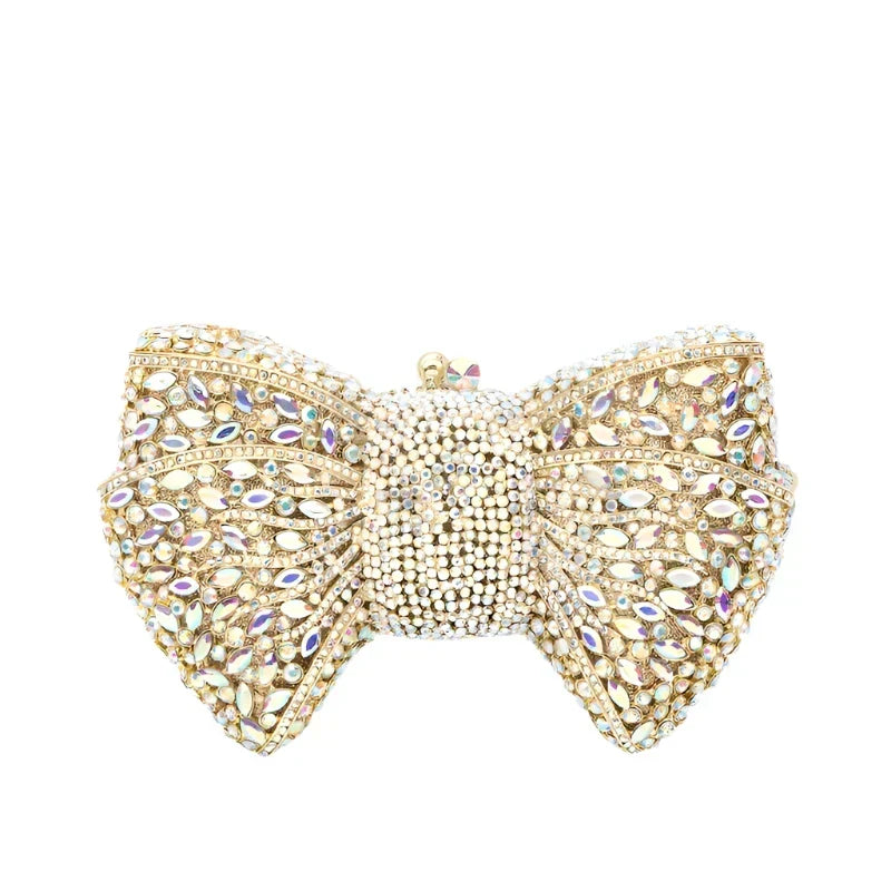 Elegante Clutch mit Schleife, goldfarben, mit Strass und Perlenbesatz