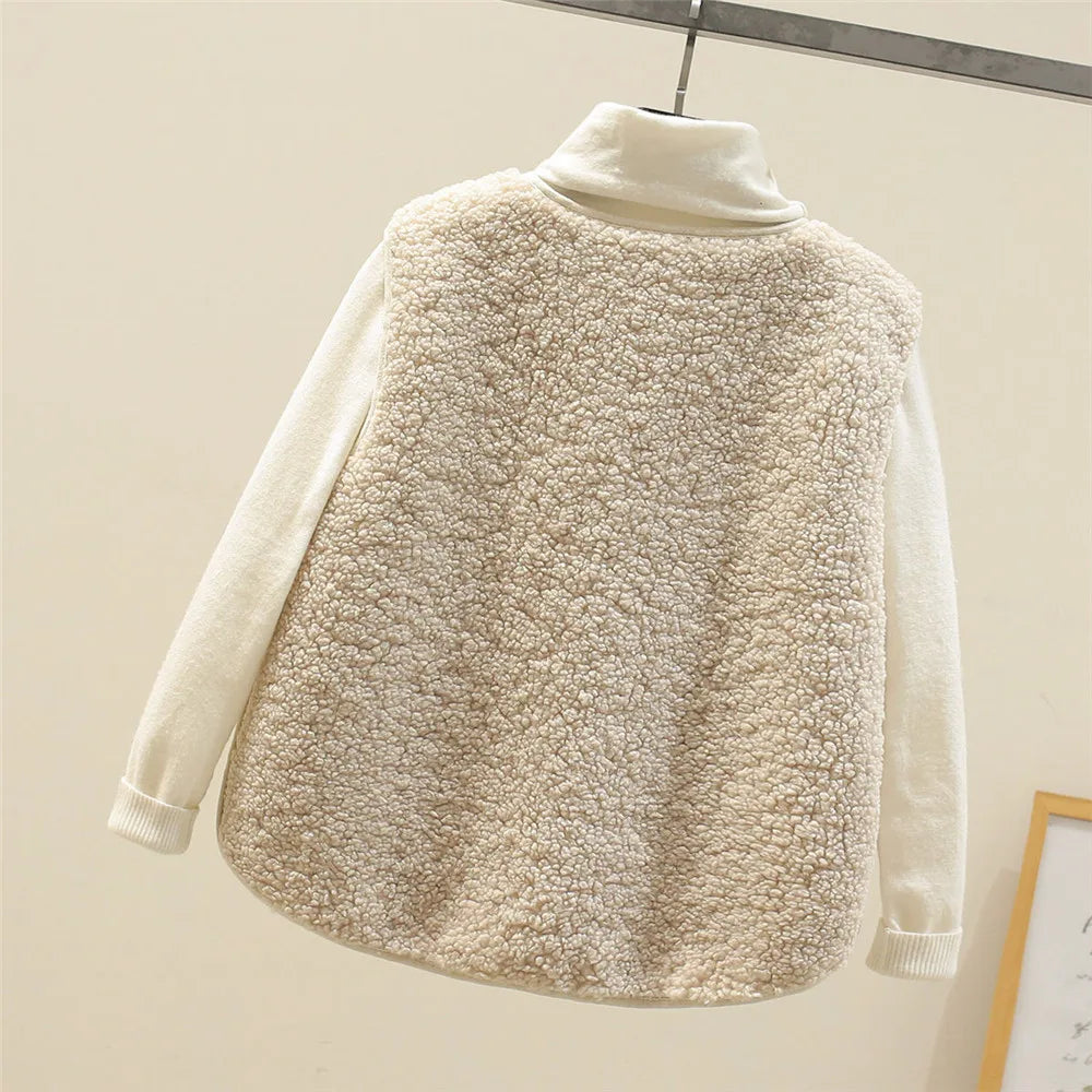 Klassischer Strickcardigan in Beige von hinten, teddyartiges Fleece und Stehkragen