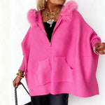 Lässiger Mantel mit Kapuze und Fellkragen, pink, mit Reißverschluss und Taschen