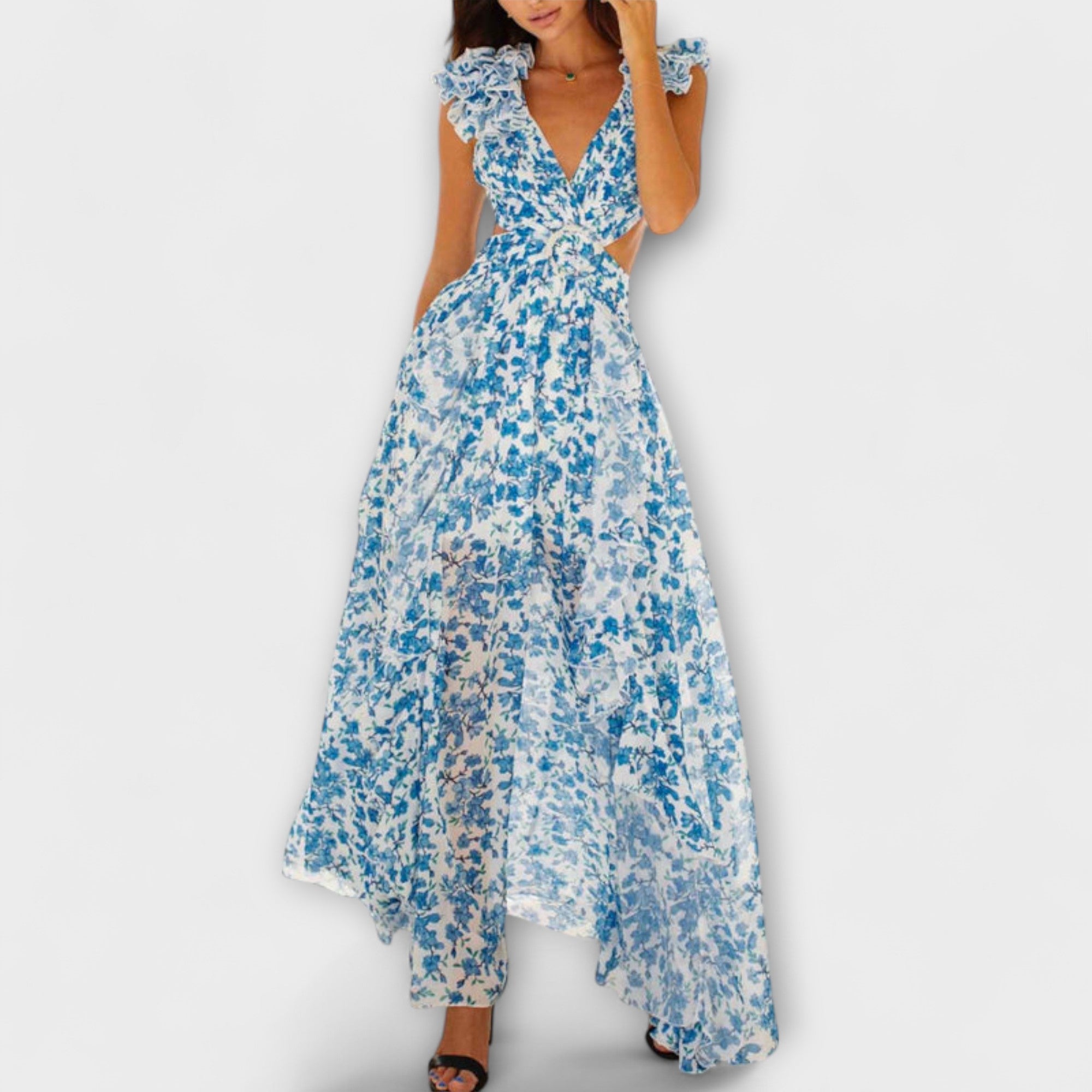 Blaues Maxikleid mit V-Ausschnitt, Rüschen an den Schultern und weitem Rock