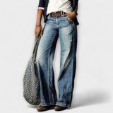 Helle blaue Denim-Hose mit weitem Bein, Knopf- und Reißverschluss, fünf Taschen