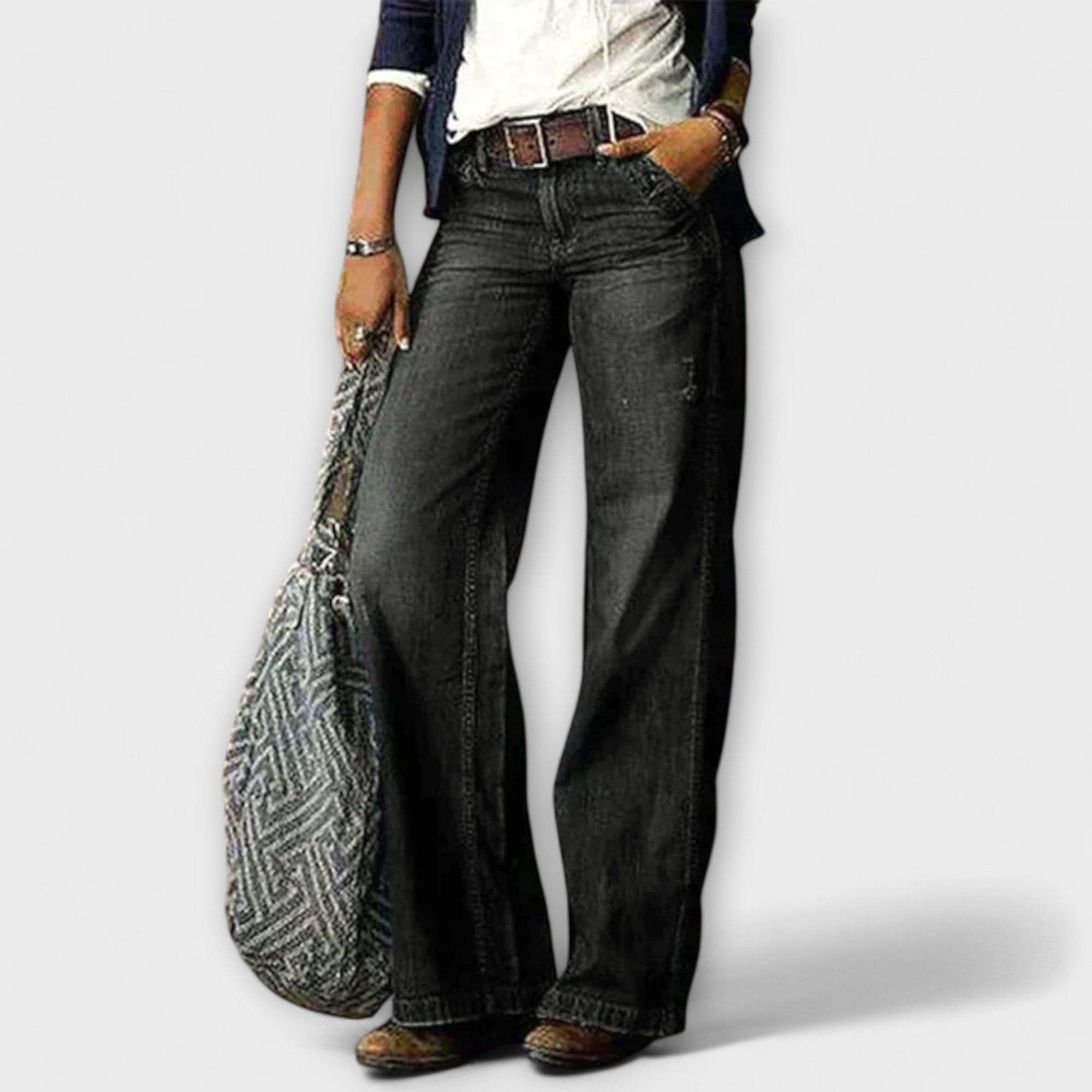 Dunkle Denim-Hose mit weitem Bein, Knopf- und Reißverschluss, fünf Taschen