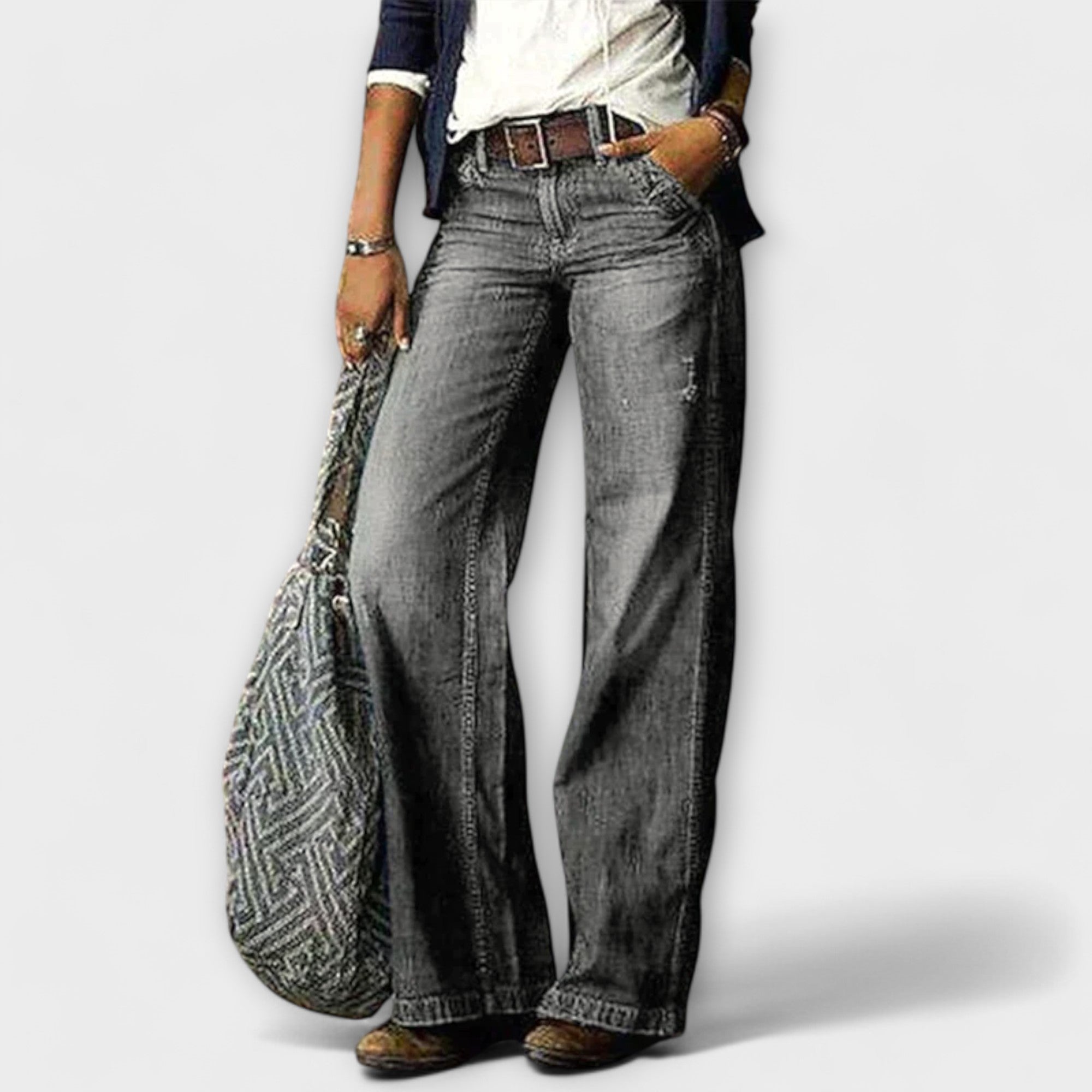 Grau melierte Denim-Hose mit weitem Bein, Knopf- und Reißverschluss, fünf Taschen